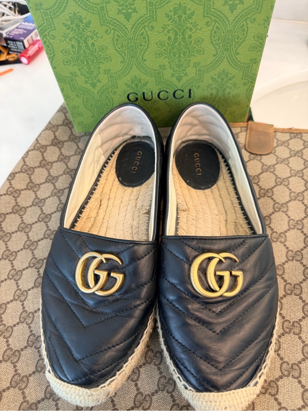 Gucci | Black Quilted Leather Espadrille with Gold GG